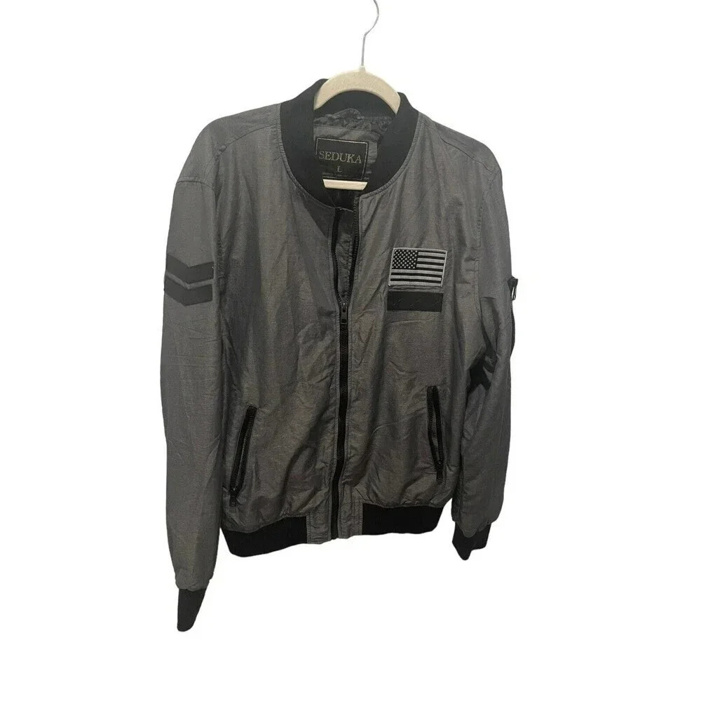 ⚡ Seduka Men’s Gray Bomber Windbreaker Jacket L with Flag Patch ⚡